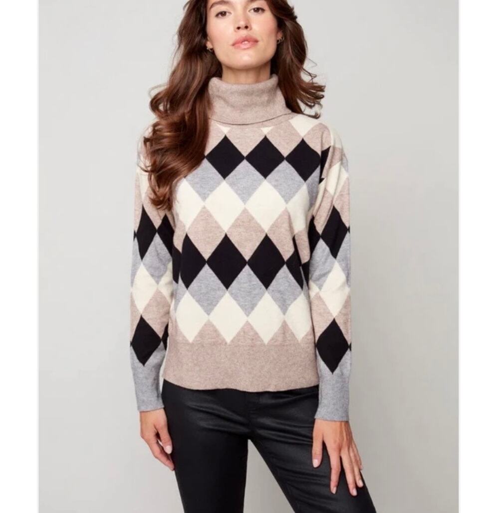 CHARLIE B | Women's Turtle Neck Harlequin Pattern Sweater $105 NEW Size XXL